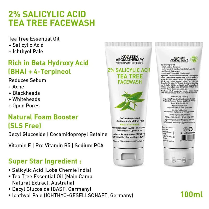 Complete Acne Solution Kit: 2% Salicylic Acid Tea Tree Oil Facewash & Serum with BHA, Terpineol, Ichthyol Pale, Hyaluronic Acid, and Vitamin E for Acne, Pores, and Blemish Control - Keya Seth Aromatherapy