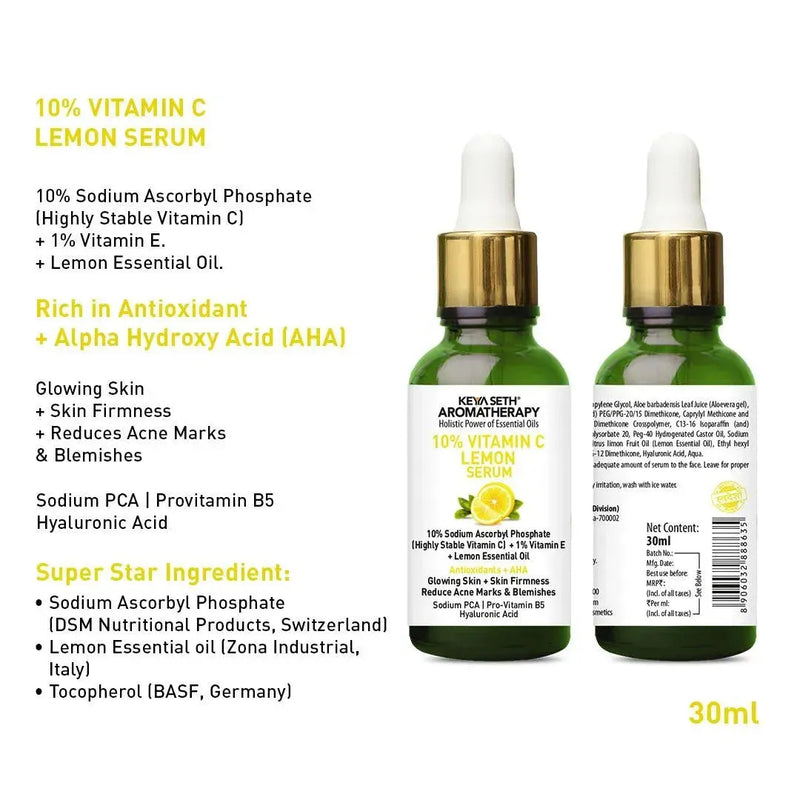 10% Vitamin C Lemon Serum, Sodium Ascorbyl Phosphate + Vitamin E & Lemon Essential Oil, Antioxidants + AHA, Glowing Skin & Firmness, Reduces Acne Marks - Keya Seth Aromatherapy