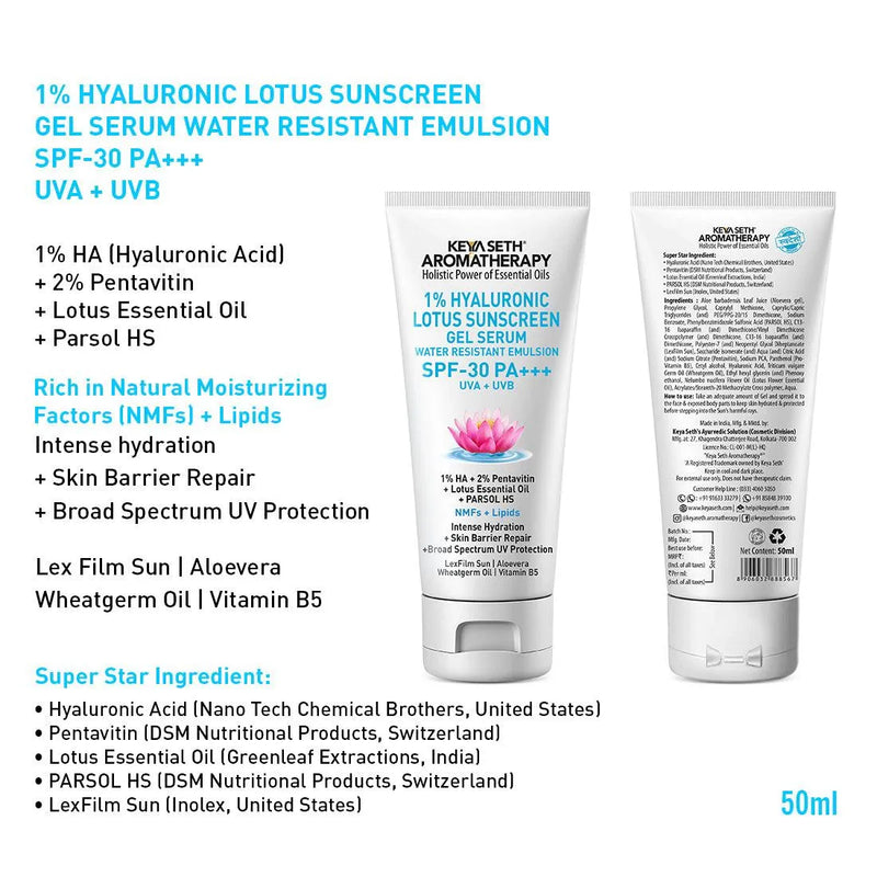 1% Hyaluronic Lotus Sunscreen Aqua GEL Serum, SPF 30 UVA + UVB ,2% Pentavitin + Parsol HS, NMFs + Lipids, Water Resistant + Skin Barrier Repair - Keya Seth Aromatherapy