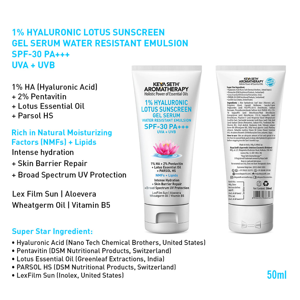 1% Hyaluronic Lotus Sunscreen Aqua GEL Serum, SPF 30 UVA + UVB ,2% Pentavitin + Parsol HS, NMFs + Lipids, Water Resistant + Skin Barrier Repair