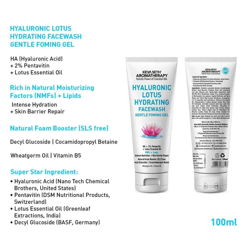 Hyaluronic Lotus Hydrating Facewash, 2 % Pentavitin + Natural Glucoside Foaming, NMFs + Lipids, Skin Barrier Repair, Gentle SLS Free - Keya Seth Aromatherapy