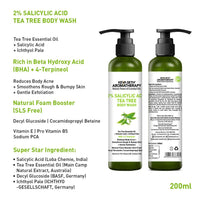 Salicylic Acid Tea Tree Body Wash, BHA + Terpineol, Body Acne & Exfoliation, Natural Glucoside Foaming, Dead Skin Removal, Ichthyol Pale, Vitamin E,B5 - Keya Seth Aromatherapy