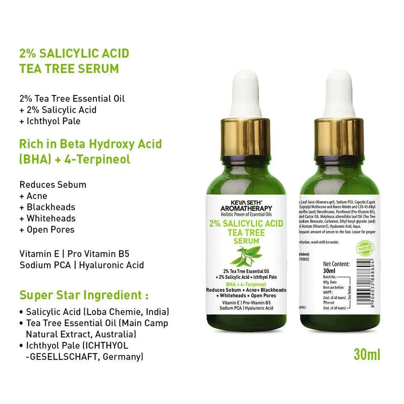 2% Salicylic Acid Tea Tree Serum, BHA + Terpineol, Acne, Blemishes, Blackheads, Whiteheads & Open Pores, Ichthyol Pale, Hyaluronic Acid, Vitamin E B5 - Keya Seth Aromatherapy