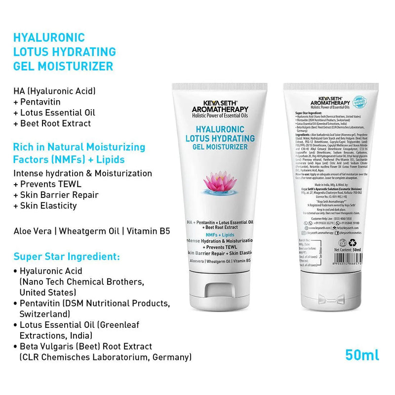 Hyaluronic Lotus Hydrating Gel Moisturizer, Pentavitin + Beet Root Extract, NMFs + Lipids, Intense Moisturization & Skin Barrier Repair - Keya Seth Aromatherapy