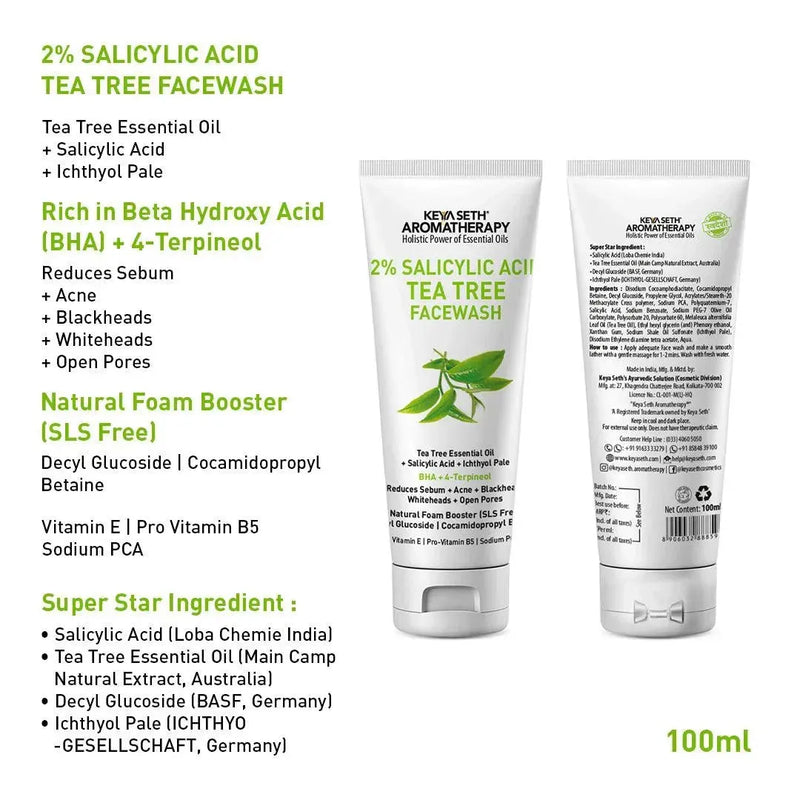 2% Salicylic Acid Tea Tree Facewash, BHA + Terpineol, Natural Glucoside Foaming, Acne, Blemishes, Blackheads, Whiteheads & Open Pores, Hyaluronic Acid