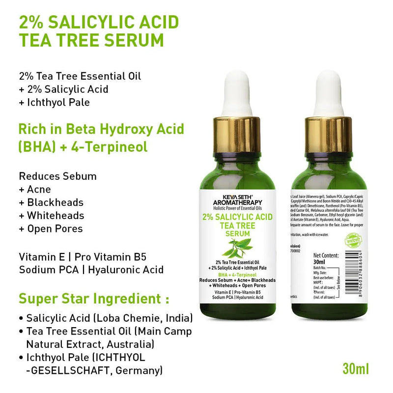 Complete Acne Solution Kit: 2% Salicylic Acid Tea Tree Oil Facewash & Serum with BHA, Terpineol, Ichthyol Pale, Hyaluronic Acid, and Vitamin E for Acne, Pores, and Blemish Control - Keya Seth Aromatherapy