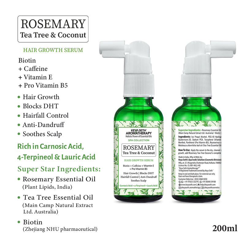 Rosemary Tea Tree Coconut Serum & Shampoo Combo: Reduces Dandruff & Scalp Itching, Hair Growth, Blocks DHT, Steam Distilled Essential Oil, Virgin Coconut Oil With Biotin Caffeine Vitamin E B5 - Keya Seth Aromatherapy