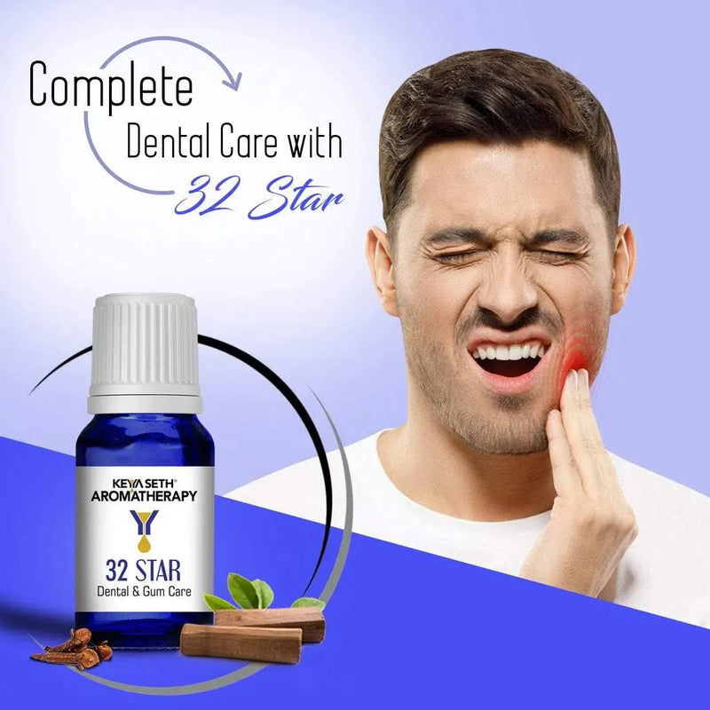 32 Star-Dental & Gum Solution, Toothache, Gum Swelling, Infection, Breath Refresher Natural Therapeutic Essential Oil Blend Tea Tree & Clove 10ml - Keya Seth Aromatherapy