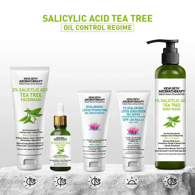 Complete Acne Solution Kit: 2% Salicylic Acid Tea Tree Oil Facewash & Serum with BHA, Terpineol, Ichthyol Pale, Hyaluronic Acid, and Vitamin E for Acne, Pores, and Blemish Control - Keya Seth Aromatherapy