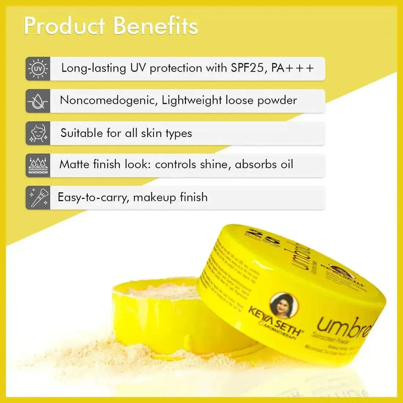 Umbrella Sunscreen Powder SPF 25 with PA+++ UV Protection, Sweat Resistant Formula, Micronized Zinc Oxide for Oily Skin - Keya Seth Aromatherapy