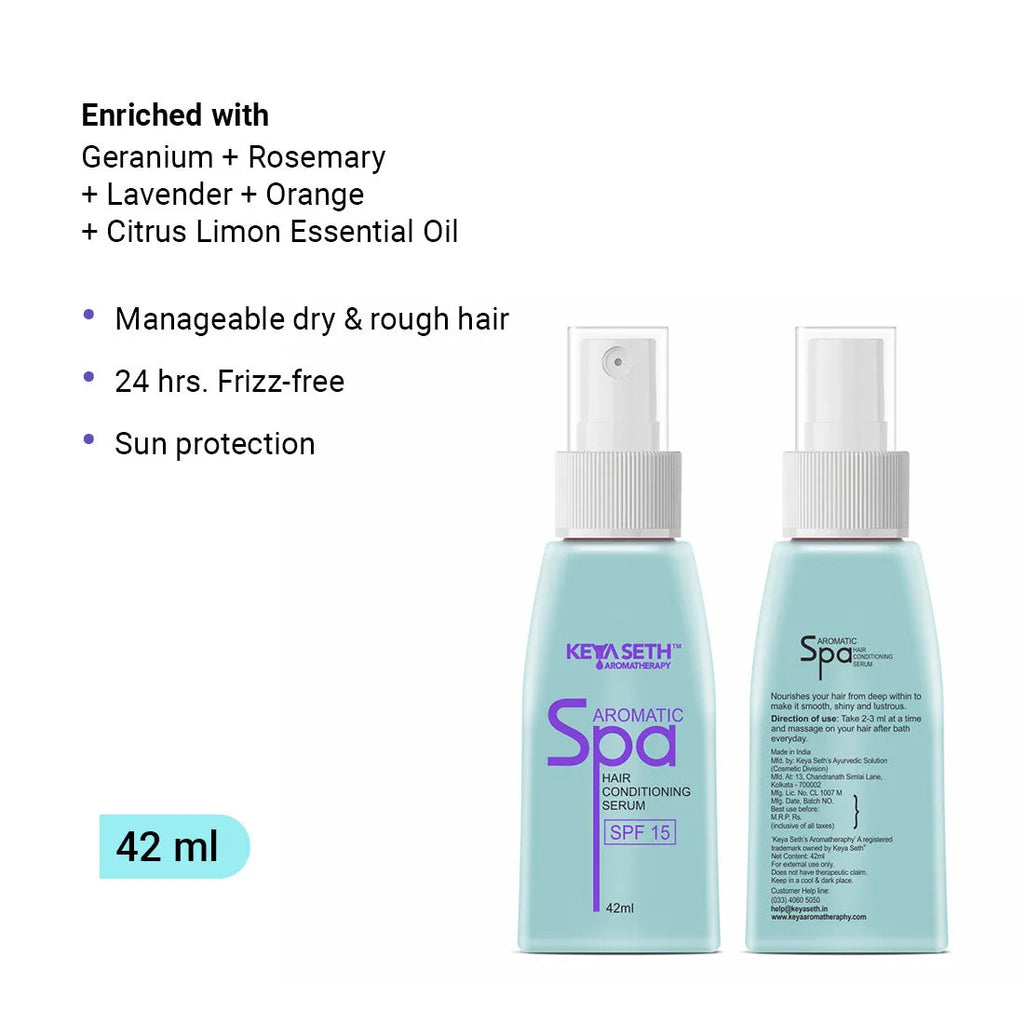 एरोमैटिक स्पा हेयर कंडीशनिंग सीरम एसपीएफ़ 15-सूखे, रूखे बालों के लिए-24 घंटे फ्रिज़ी-मुक्त धूप से सुरक्षा और शुद्ध आवश्यक तेल और जेरेनियम के साथ प्रबंधनीय बाल