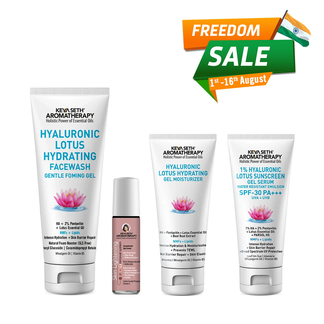 Daily Skincare Routine for Spot Removal & Hydration – Facewash, Serum, Moisturizer, SPF 30 Sunscreen With Hyaluronic Acid, Daisy Flower, Alpha Arbutin, Beetroot Extract, Mulberry Root Extract, Vitamin C & B5 to Fade Dark Spots, Scars & Even Skin Tone - Keya Seth Aromatherapy