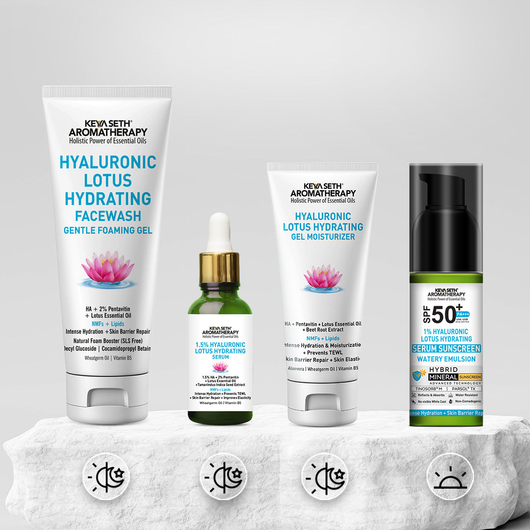 Daily Skincare Routine for Dry & Combination Skin – Hyaluronic Lotus Face Wash, 1.5% Hydrating Serum, Gel Moisturizer with 2% Pentavitin & SPF 50 PA+++ Sunscreen for Intense Hydration and Skin Barrier Repair - Keya Seth Aromatherapy