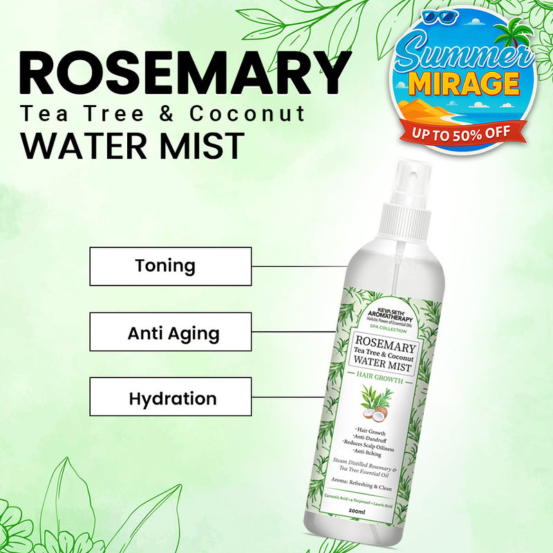 Rosemary Tea Tree Coconut Water Mist Spray,Hair Growth,Reduces Dandruff Scalp Itching & Oiliness,Steam Distilled Essential Oil - Keya Seth Aromatherapy