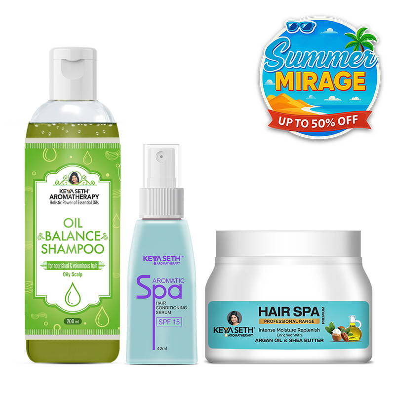 Oily Hair Repair Kit: Lemon & Lavender Shampoo, Jojoba & Rosemary Hair Spa & Aromatic Serum for Balanced, Voluminous & Frizz-Free Hair - Keya Seth Aromatherapy