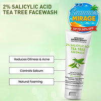 2% Salicylic Acid Tea Tree Facewash, BHA + Terpineol, Natural Glucoside Foaming, Acne, Blemishes, Blackheads, Whiteheads & Open Pores, Hyaluronic Acid - Keya Seth Aromatherapy