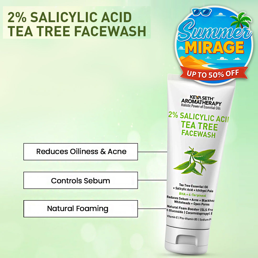2% Salicylic Acid Tea Tree Facewash, BHA + Terpineol, Natural Glucoside Foaming, Acne, Blemishes, Blackheads, Whiteheads & Open Pores, Hyaluronic Acid - Keya Seth Aromatherapy