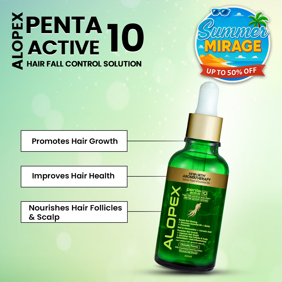 Alopex Penta Active 10, New Hair Growth Serum & Hair Fall Control, Enriched with Korean Red Ginseng, Biotin & Vitamin E (Clinically Proven) - Keya Seth Aromatherapy
