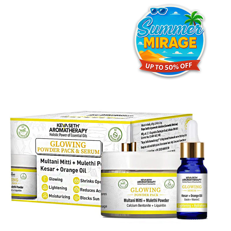 Glowing Powder Pack & Serum Facial Kit, Multani Mulethi, Kesar & Orange Oil, Open Pores,Lightening,Acne, Hydration - Keya Seth Aromatherapy