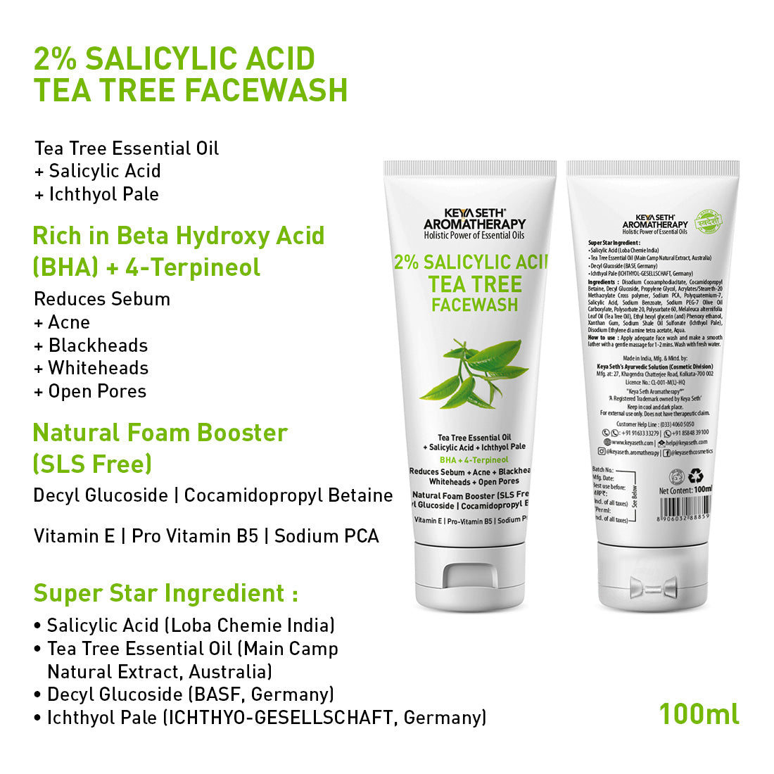Daily Skincare Routine for Oily & Acne-Prone Skin - 2% Salicylic Acid Tea Tree Facewash & Serum with BHA, Vitamin E & B5 + 2% Pentavitin Moisturizer + 1% Hyaluronic Acid Sunscreen SPF 30 - Keya Seth Aromatherapy