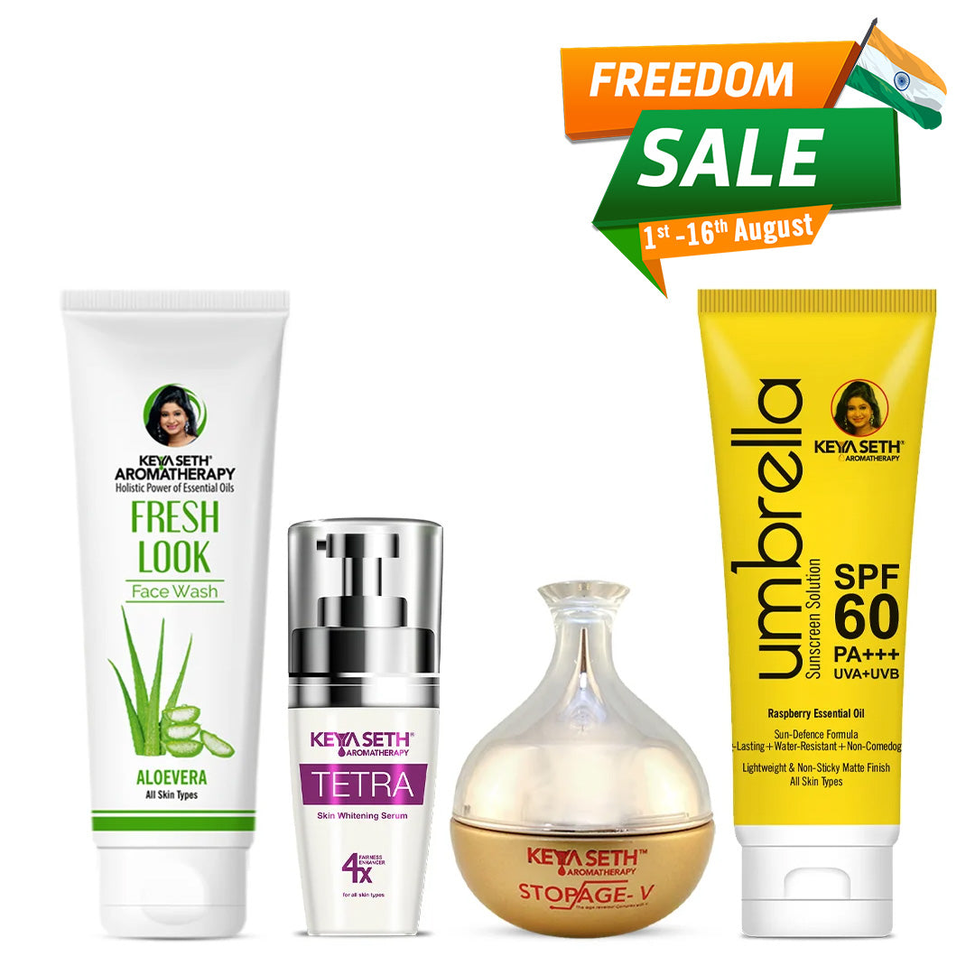 Restorative Skincare Routine for Aging Skin – Aloe Vera Facewash, Tetra Serum, Stopage V Cream & Umbrella SPF 60 for Anti-Aging, Brightening & Protection - Keya Seth Aromatherapy