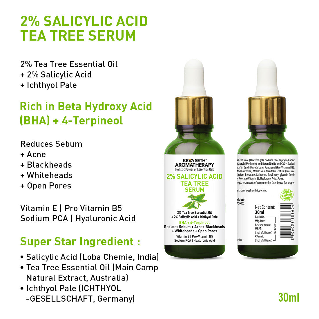 Daily Skincare Routine for Oily & Acne-Prone Skin - 2% Salicylic Acid Tea Tree Facewash & Serum with BHA, Vitamin E & B5 + 2% Pentavitin Moisturizer + 1% Hyaluronic Acid Sunscreen SPF 30 - Keya Seth Aromatherapy