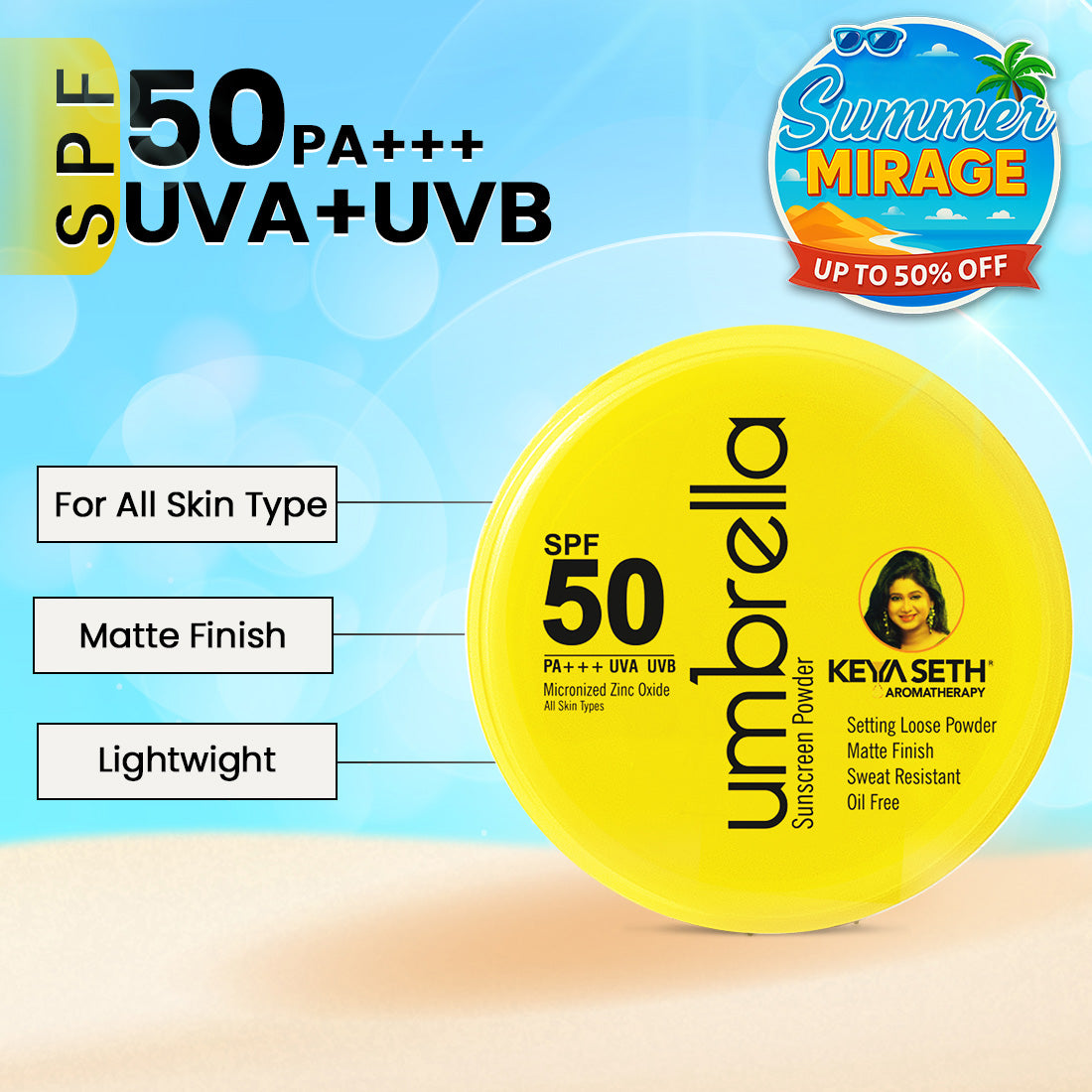 Umbrella Sunscreen Powder SPF 50 with PA+++ UV Protection, Sweat Resistant Formula, Micronized Zinc Oxide for Oily Skin - Keya Seth Aromatherapy