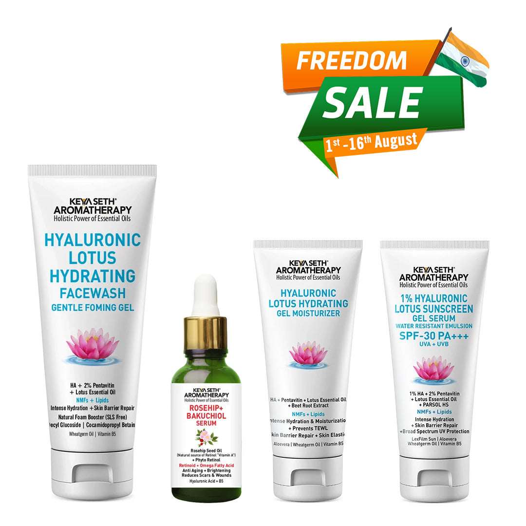 Daily Skincare Routine for Dehydrated, Aging Skin with Hyaluronic Facewash, Rosehip Bakuchiol Serum, Moisturizer & Sunscreen for Hydration, Firmness & Glow - Keya Seth Aromatherapy