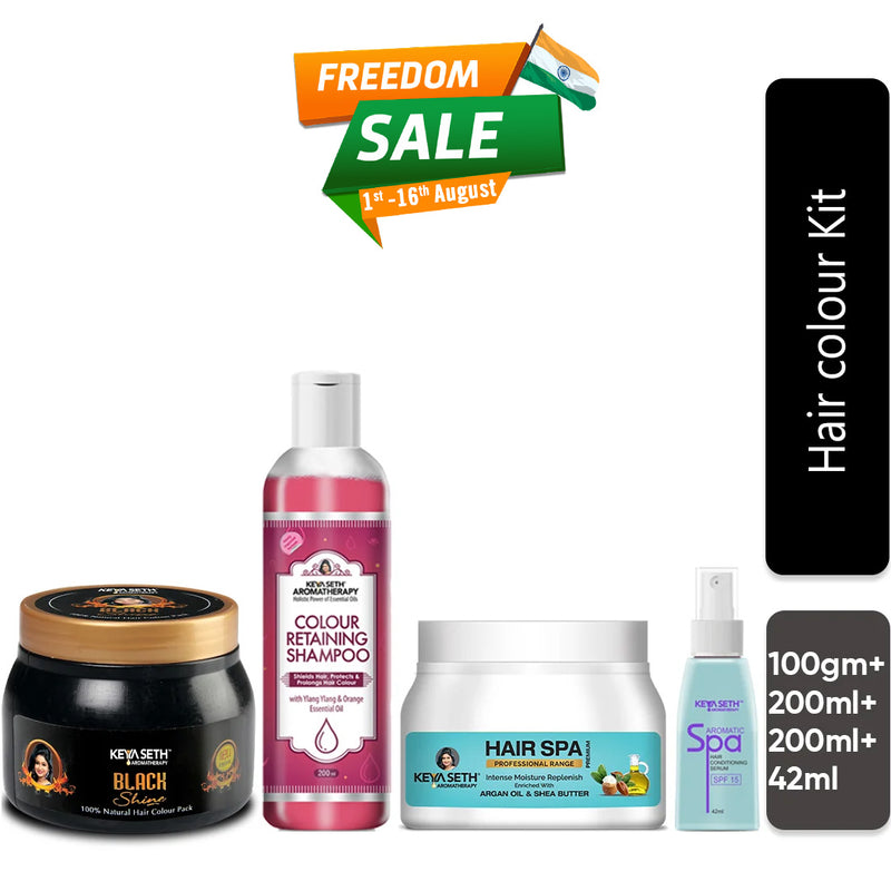 Hair Color Kit: Black Shine Hair Color Pack, Color Retaining Shampoo, Jojoba & Lavender Hair Spa & Aromatic Serum for Long-Lasting, Vibrant & Nourished Hair - Keya Seth Aromatherapy
