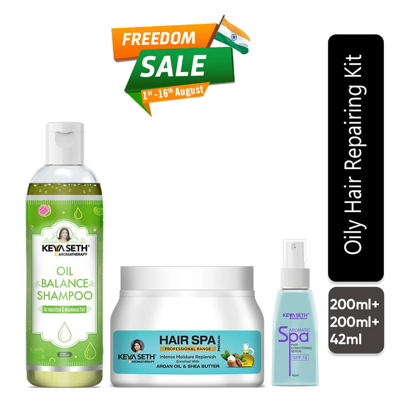 Oily Hair Repair Kit: Lemon & Lavender Shampoo, Jojoba & Rosemary Hair Spa & Aromatic Serum for Balanced, Voluminous & Frizz-Free Hair - Keya Seth Aromatherapy
