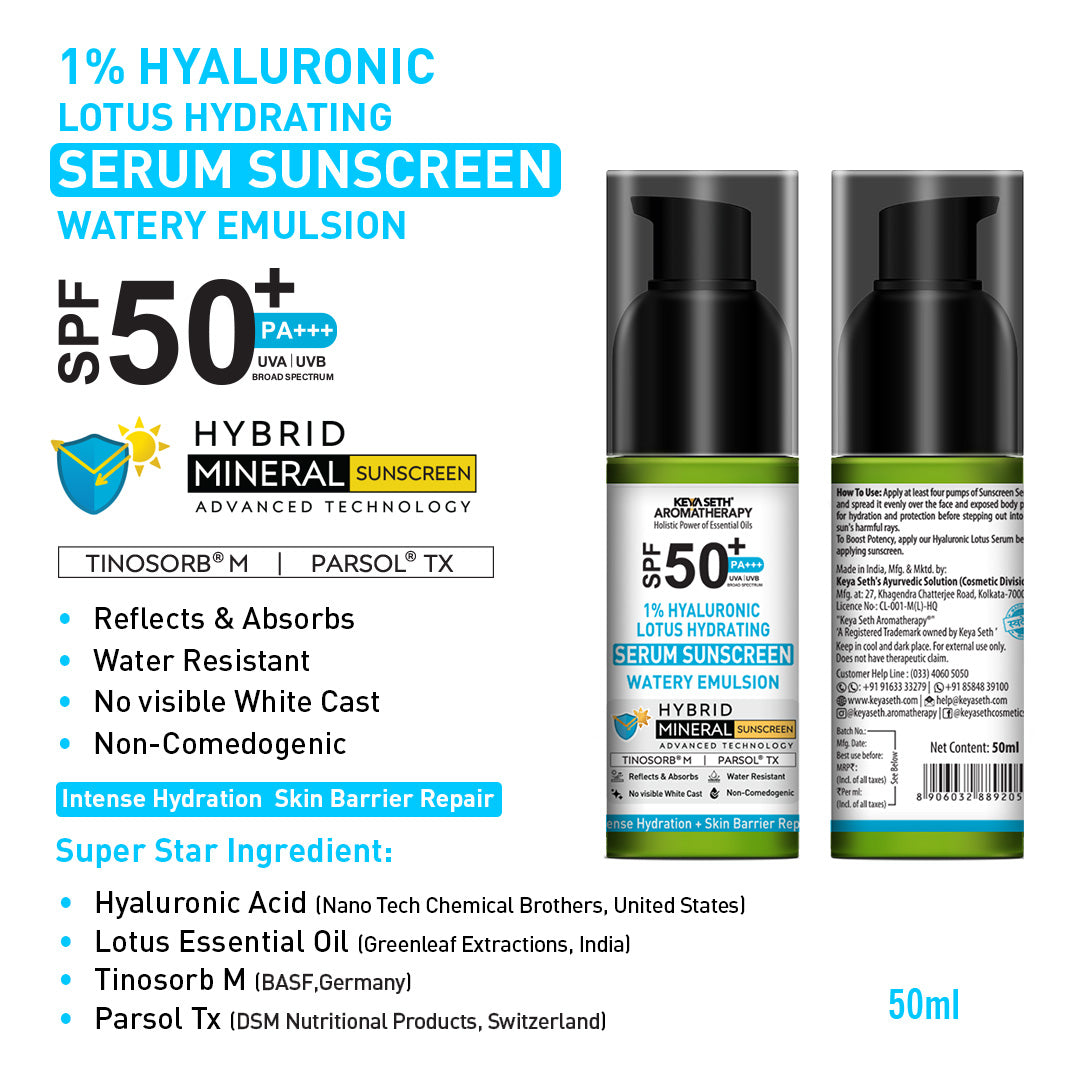 Daily Skincare Routine for Dry & Combination Skin – Hyaluronic Lotus Face Wash, 1.5% Hydrating Serum, Gel Moisturizer with 2% Pentavitin & SPF 50 PA+++ Sunscreen for Intense Hydration and Skin Barrier Repair - Keya Seth Aromatherapy