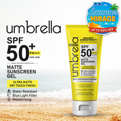 Umbrella Ultra Matte Mineral Sunscreen Gel SPF50 PA+++ Moisturizing, Blue Light Filter, Water-Resistant, Dry Touch, No White Cast, Tinosorb M + Titanium Dioxide - Keya Seth Aromatherapy
