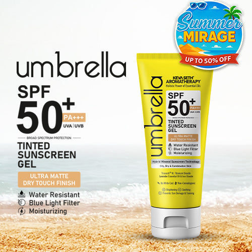 Umbrella Tinted Mineral Sunscreen Gel SPF50 PA+++ Moisturizing, Water-Resistant, Blue Light Filter, Water-Resistant, Dry Touch, No White Cast, Tinosorb M + Titanium Dioxide - Keya Seth Aromatherapy