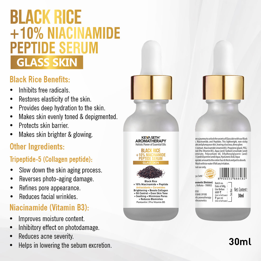 Black Rice Serum for Clear Glass Skin with Black Rice, Niacinamide & Peptide Reduces Blemishes, Boost Collagen & Even Complexion for Men/Women 30ml