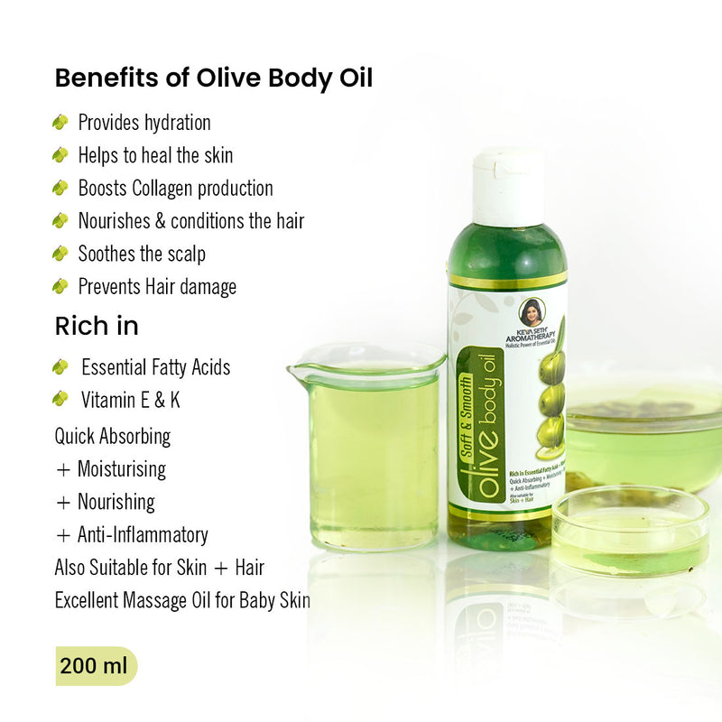 Olive Body Oil, Quick Absorbing Non-Sticky Nourishment I Hair & Skin, Daily Use After Bath Massage Oil I Pure Olive & Essential Oils Enriched - Keya Seth Aromatherapy