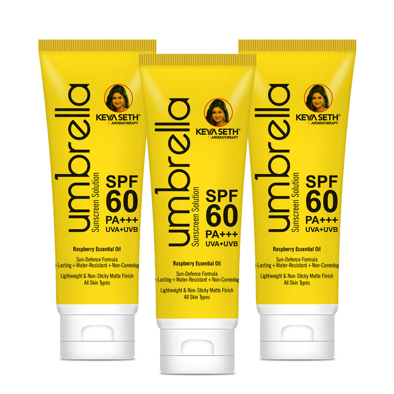 Umbrella Sunscreen Solution SPF 60, Broad Spectrum Protection, No White Cast, Lightweight Matte Finish with Raspberry Oil 100ml - Keya Seth Aromatherapy