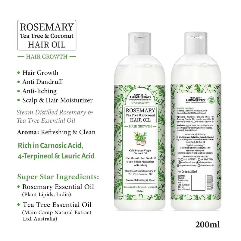 Rosemary Tea Tree Coconut Hair Oil, Hair Growth Anti Dandruff & Itching Nourishment & Moisturizer, Distilled Essential Oil - Keya Seth Aromatherapy