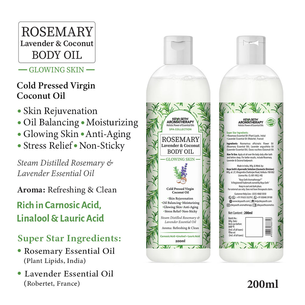 Rosemary Lavender Coconut Body Oil, Glowing Skin, Moisturizing Refreshing Aroma, Non Sticky Anti Aging, Essential Oil