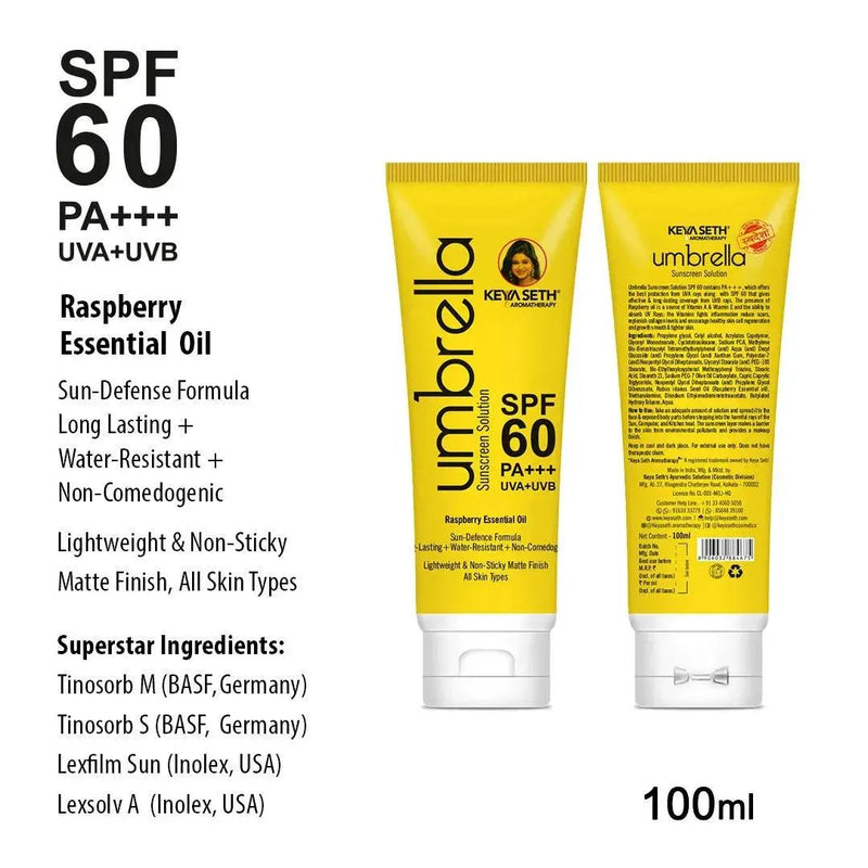 Umbrella Sunscreen Solution SPF 60, Broad Spectrum Protection, No White Cast, Lightweight Matte Finish with Raspberry Oil 100ml