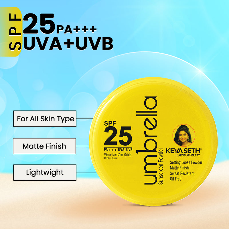 Umbrella Sunscreen Powder SPF 25 with PA+++ UV Protection, Sweat Resistant Formula, Micronized Zinc Oxide for Oily Skin - Keya Seth Aromatherapy