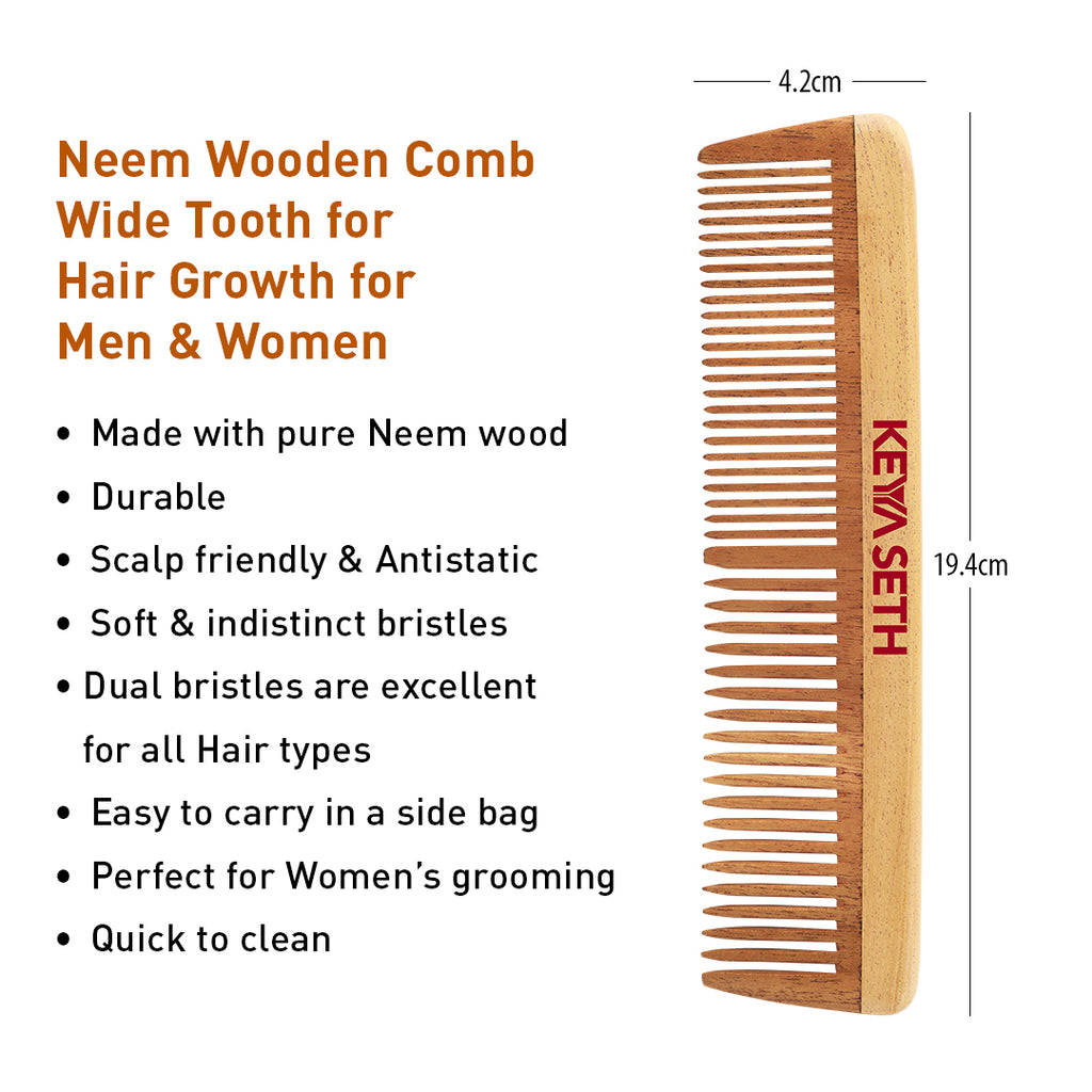 Handmade Neem Wooden Comb for Women: Detangles, Controls Frizz, Anti-Static, Promotes Hair Growth, Suitable for All Hair Types Dual & Wide Tooth with Handle Combo