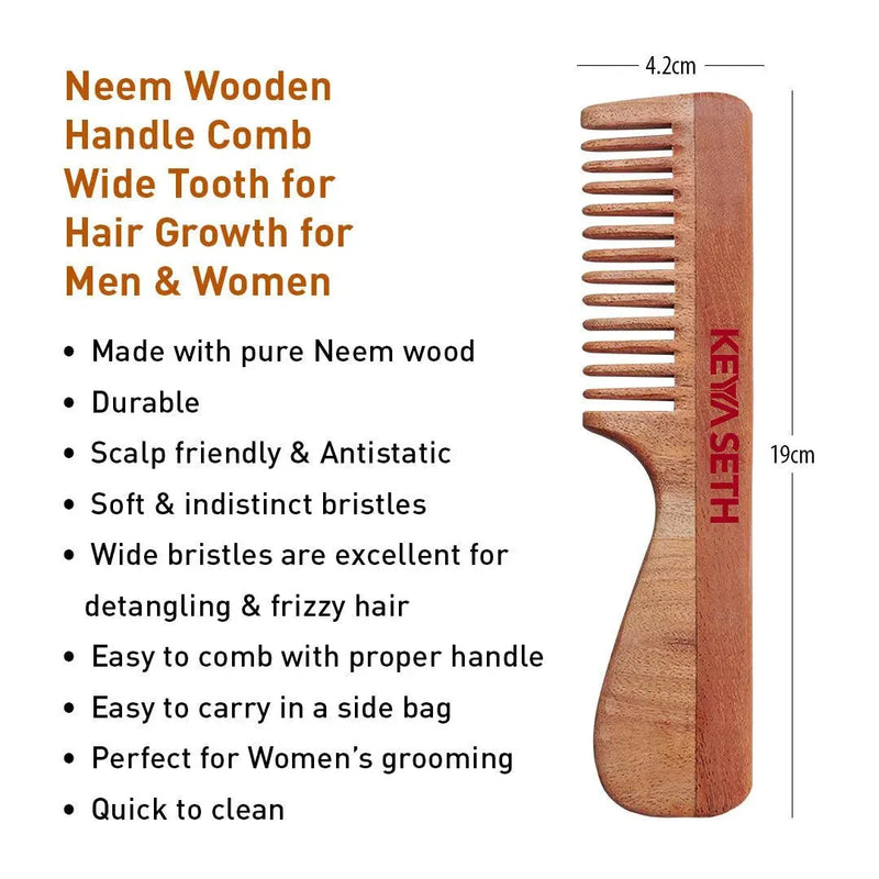 Handmade Neem Wooden Comb for Women: Detangles, Controls Frizz, Anti-Static, Promotes Hair Growth, Suitable for All Hair Types Dual & Wide Tooth with Handle Combo - Keya Seth Aromatherapy