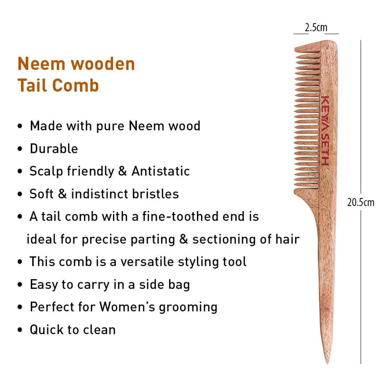 Handmade Neem Wooden Comb for Women Detangling, Promotes Hair Growth, Frizz Control, Perfect for Hair Partition, Suitable for All Hair Types, Dual tooth & Tail Comb Combo - Keya Seth Aromatherapy