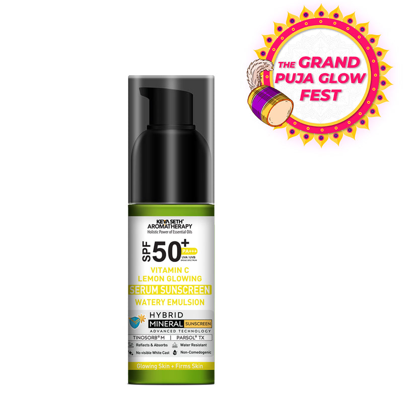 Vitamin C Lemon Glowing Serum Mineral Sunscreen, SPF 50 PA+++, Watery Emulsion, No White Cast, Water Resistant,Tinosorb M + Parsol TX - Keya Seth Aromatherapy