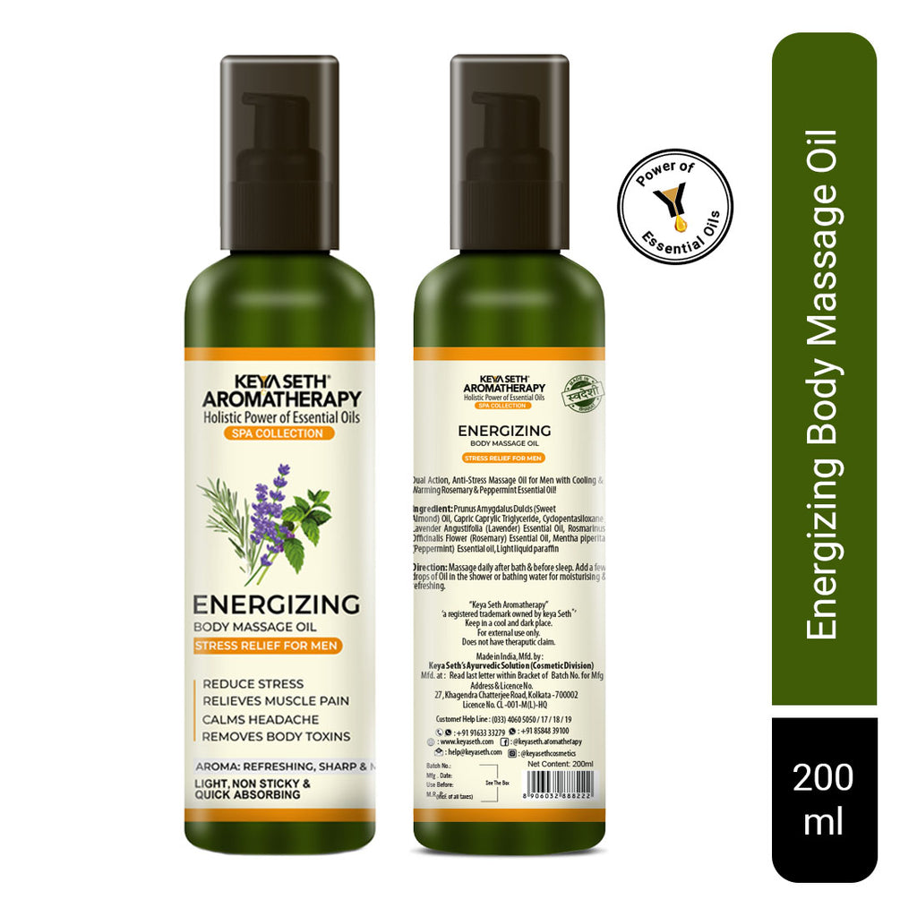Energizing Body Massage Oil for Men, Reduce Stress, Relieves Muscle Pain, Calms Headaches & Removes Body Toxins, Body Oil, Body Oil, Keya Seth Aromatherapy