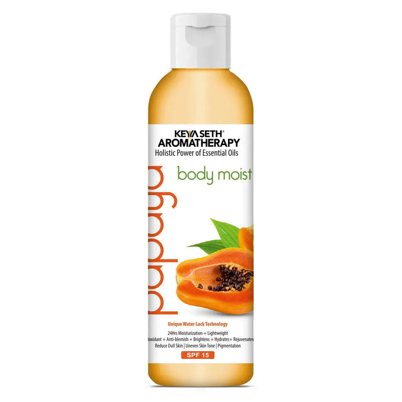 Papaya Body Moist with SPF 15 24hrs Moisturization Lock Papaya Extract Enriched, Brightening, Glowing & Anti Blemish - Removes Pigmentation & Dull Skin 200ml - Keya Seth Aromatherapy