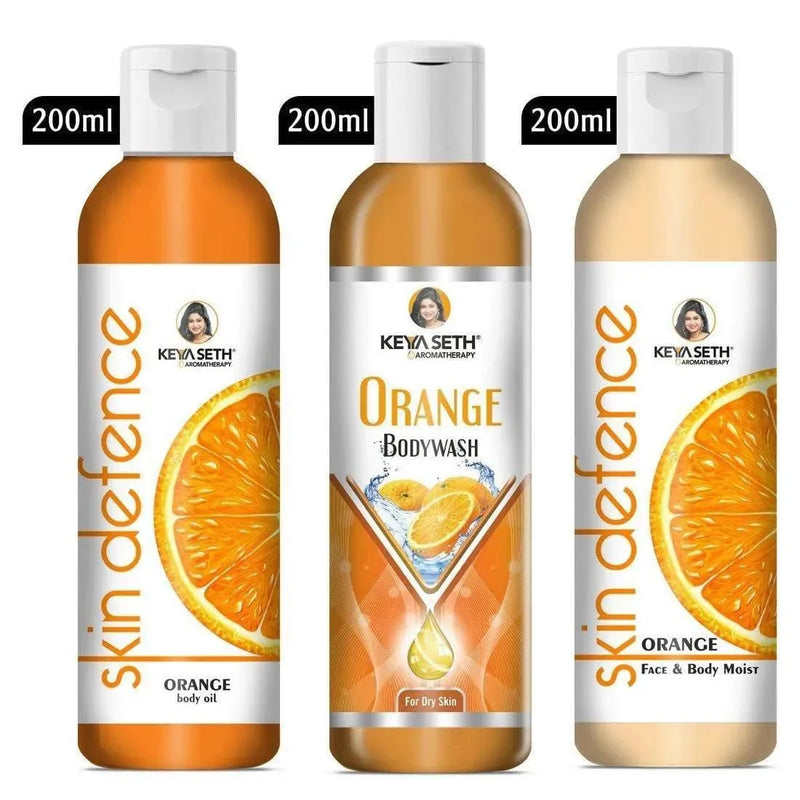 Complete Body Care Combo Enriched with Vitamin C, Orange Body Wash 200ml + Skin Defence Orange Body Oil 200ml + Orange Face & Body Moisturizer 200ml - Keya Seth Aromatherapy