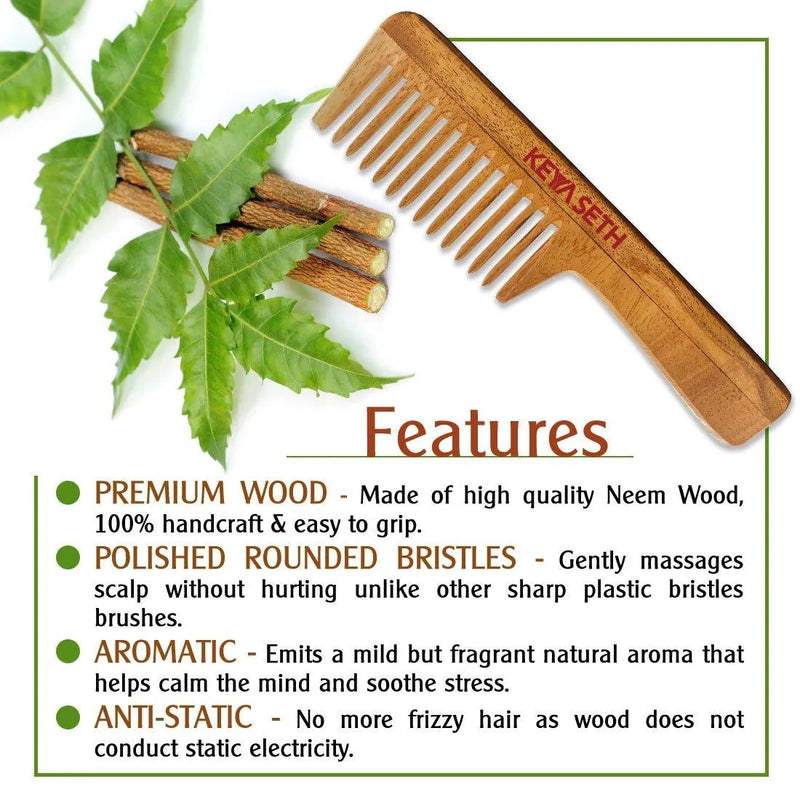 Neem Wooden Comb Wide Tooth with Handel All Purpose Large Size Perfect Hair Setter - Keya Seth Aromatherapy