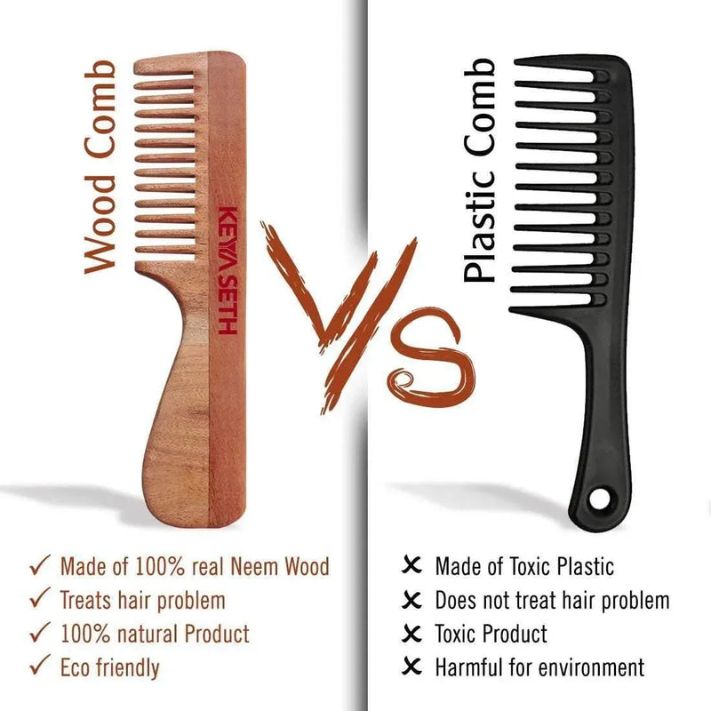 Neem Wooden Handle Comb Wide Tooth for Hair Growth for Men & Women - Keya Seth Aromatherapy