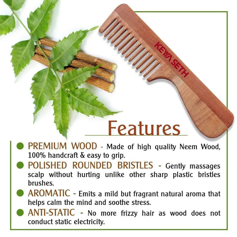 Neem Wooden Handle Comb Wide Tooth for Hair Growth for Men & Women - Keya Seth Aromatherapy